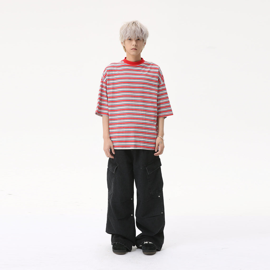 MTLCLOTHES Korean Version Striped Contrasting Retro Loose Tee