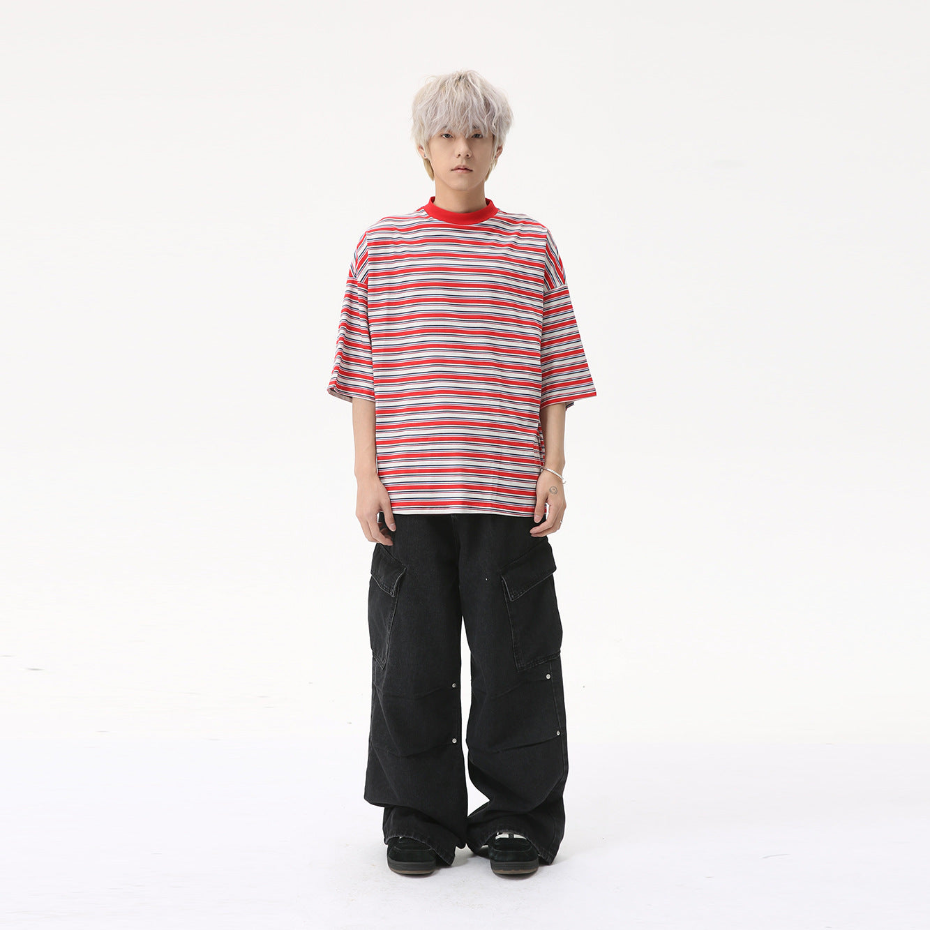 MTLCLOTHES Korean Version Striped Contrasting Retro Loose Tee