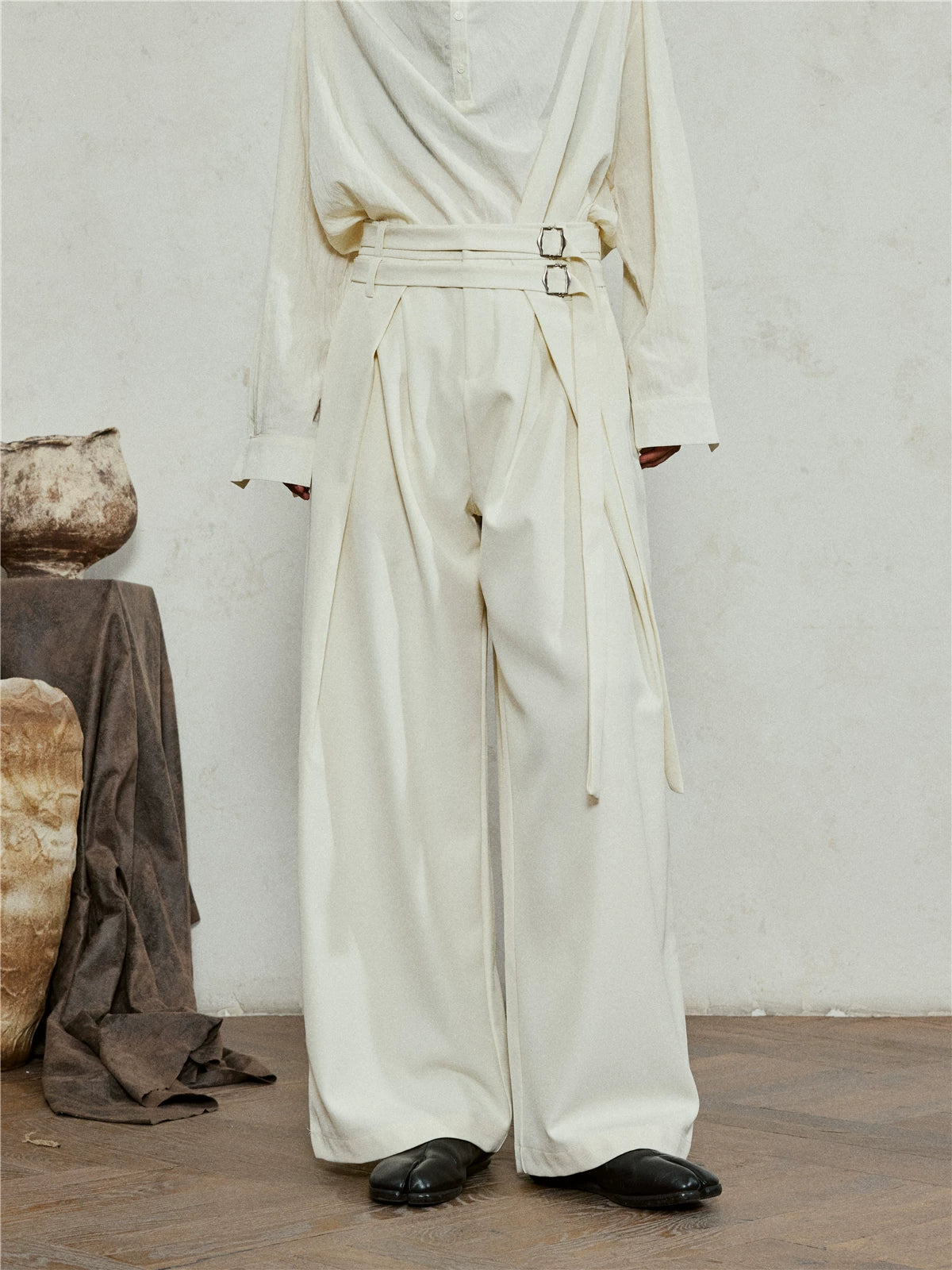 SUNYVONNE Minimalist Double Belt Wide-leg Suit Pants