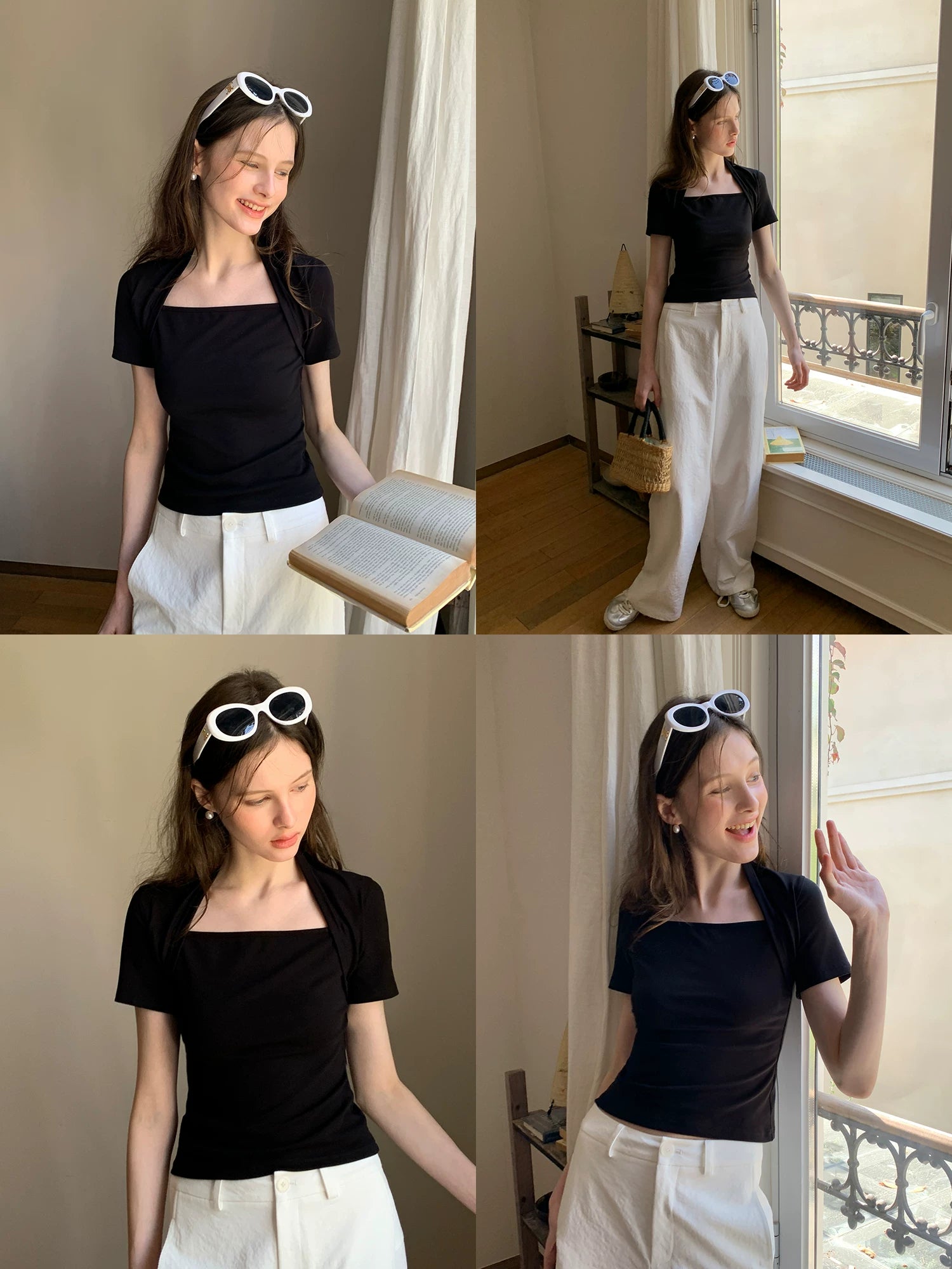EGGKA Fake Two Pieces Slim Square Collar Slim Tee