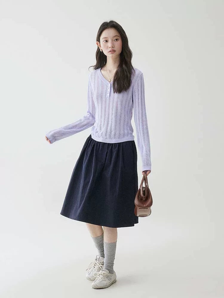 VOOE V Collar Hollow Knitted Versatile Long Sleeves