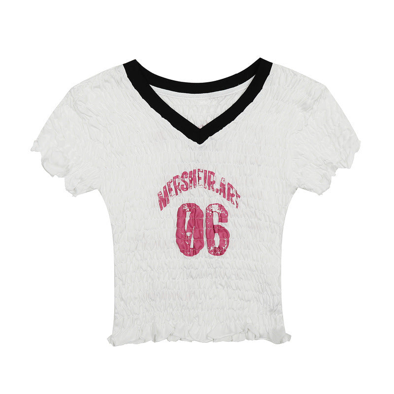 Nariele Pleated Contrasting V-neck Letter Print Tee
