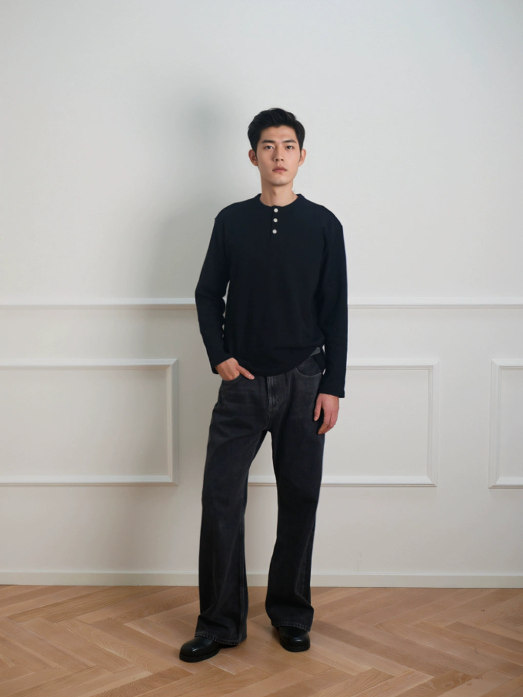 NO LOGO Waffle Henry Collar Slim Bottom Long Sleeve