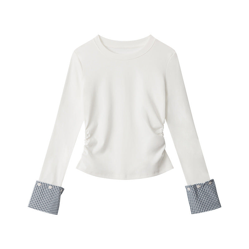 Nariele Waist Wrinkle Stitching Contrasting Color Slim Long Sleeve