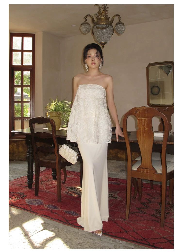 J TheChosen Embroidered Floral Sequin Tube Top Fishtail Skirt Tulle Set