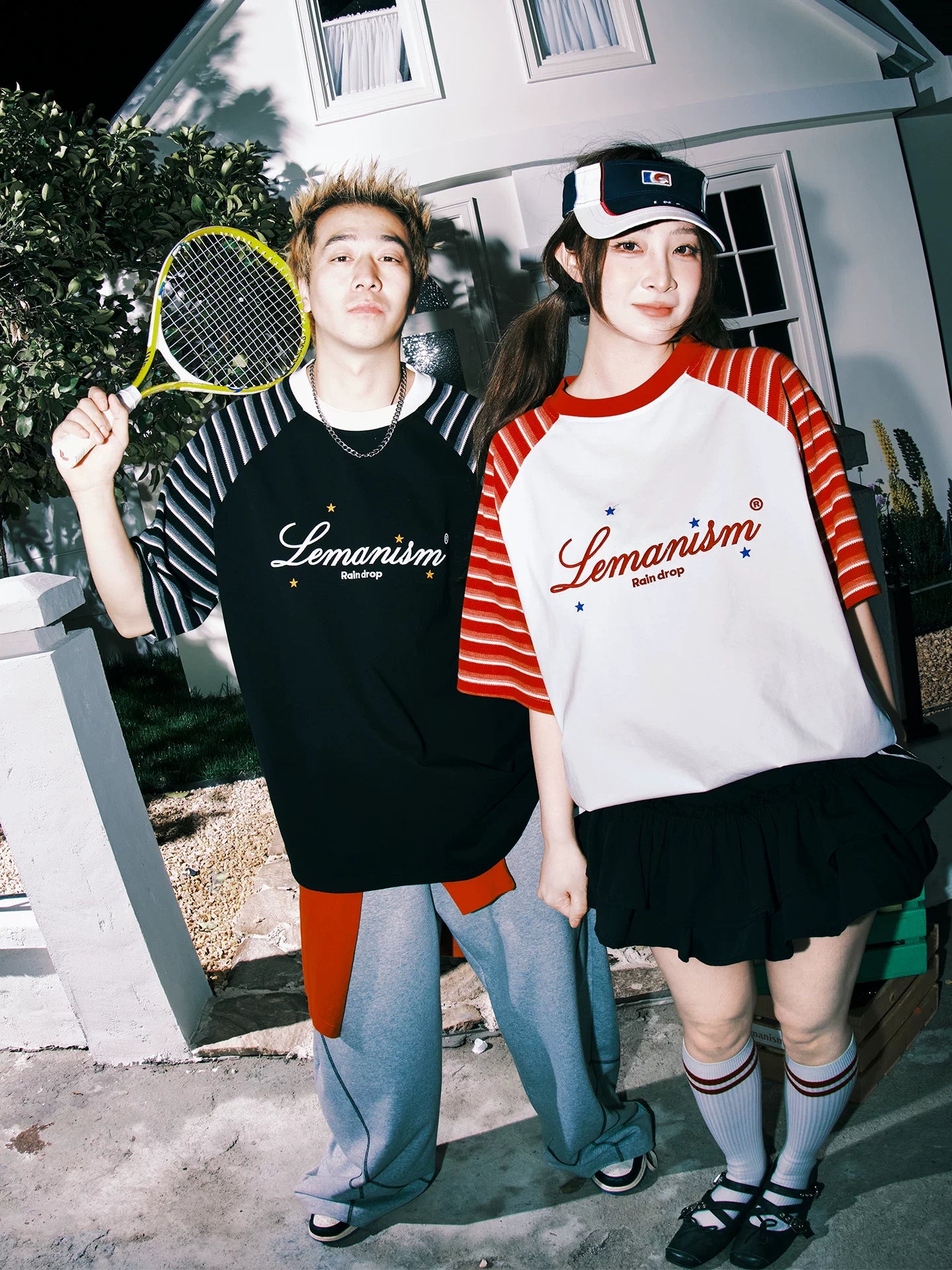 Lemanism Stripe Contrast Shoulder Letter Casual Tee