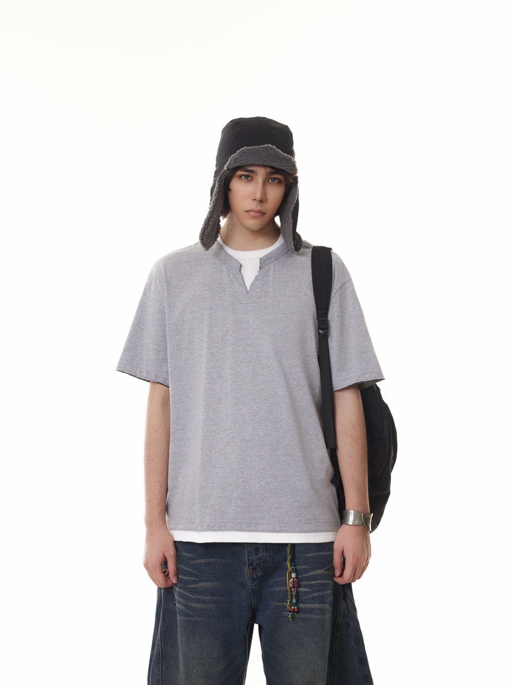 BTSG fake two-piece stacked Henry collar Tee