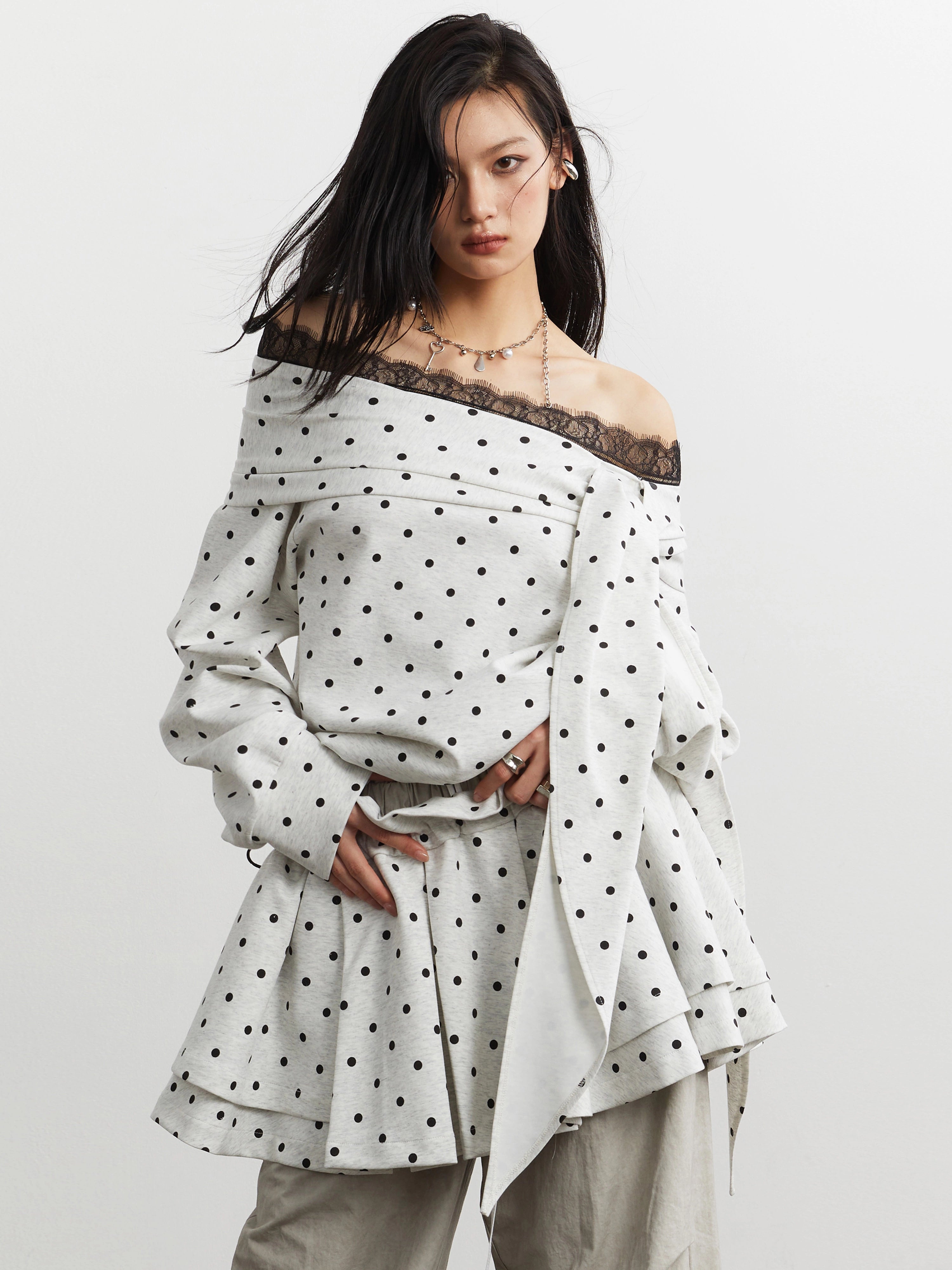 JNYLON Strappy Off-the-shoulder Polka Dot Sweater