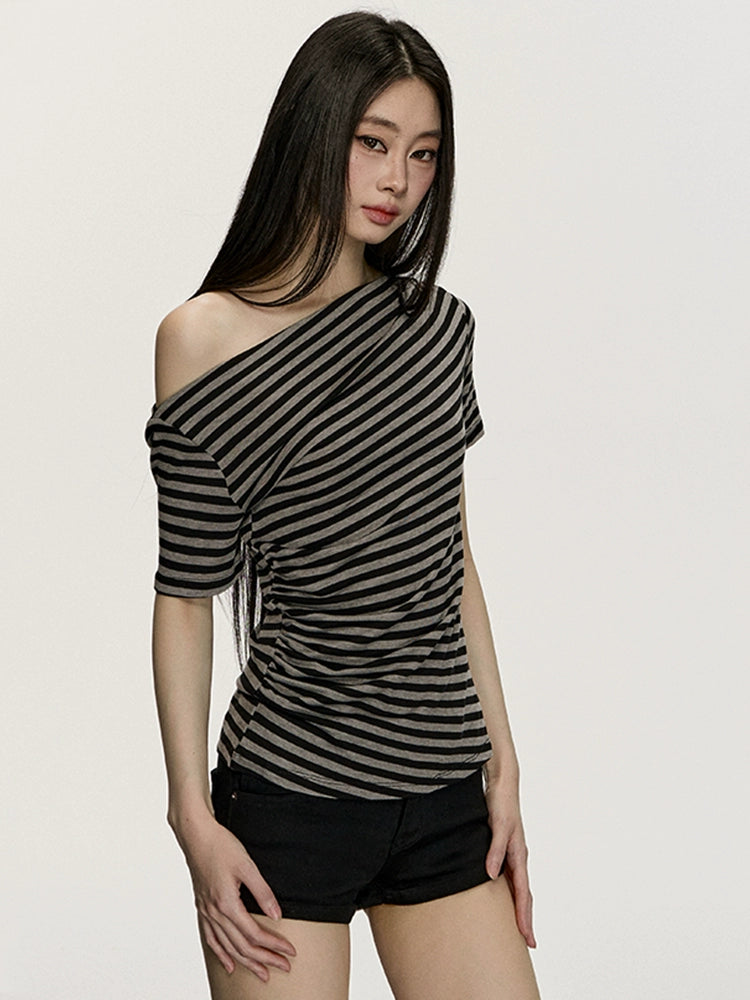 Anna Aneae Slanted Shoulder Striped Loose Tee