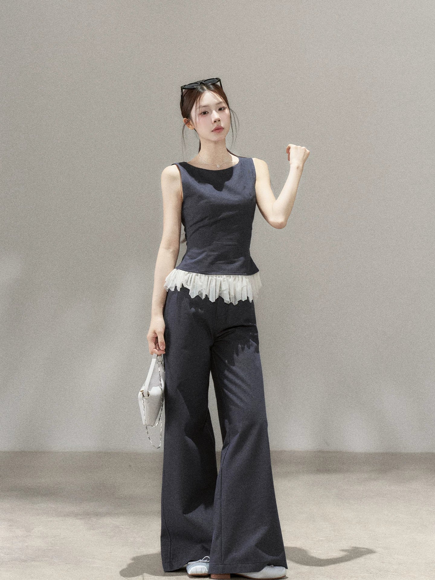 Wildberry Sleeveless Splicing Vest High Waist Straight Casual Pants Set