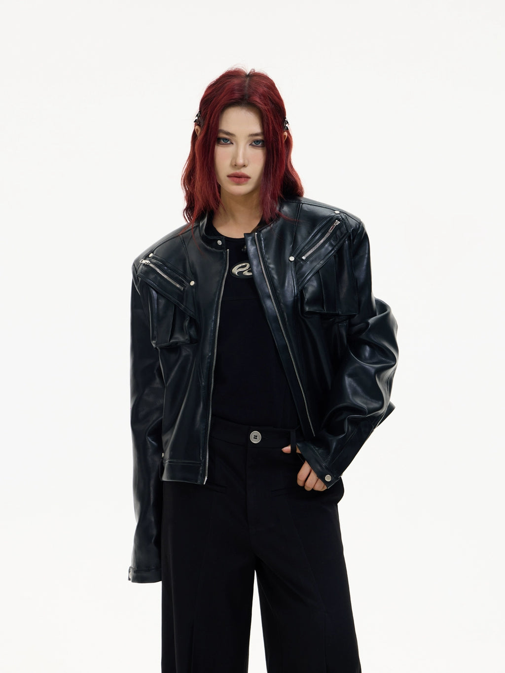 PEOPLESTYLE Metal Zipper Short Motorcycle Jacket Leather Jacket