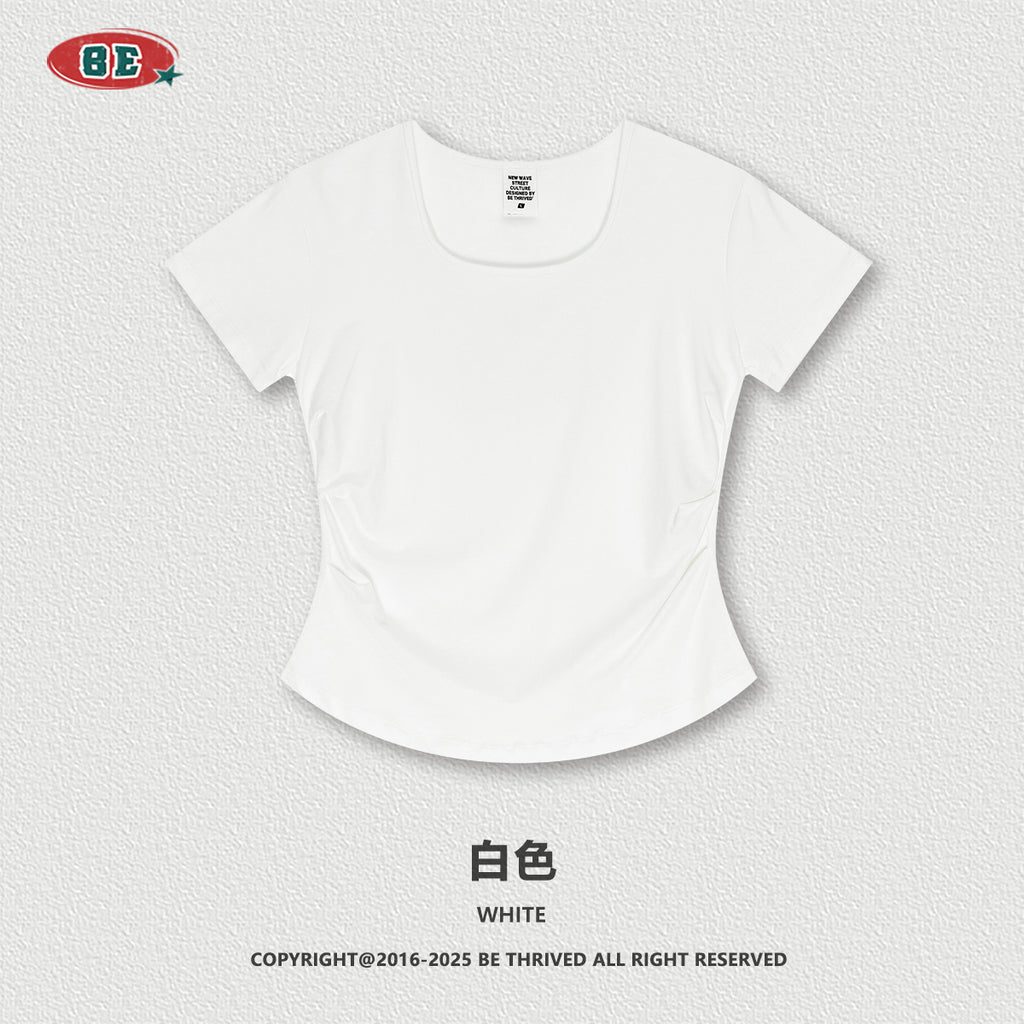 BE women's  Solid Color Square Neck Short Sleeve Waist Slimming Top