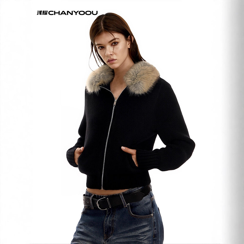 CHANYOOU Vintage Fur Neck Knitted Sweater Jacket