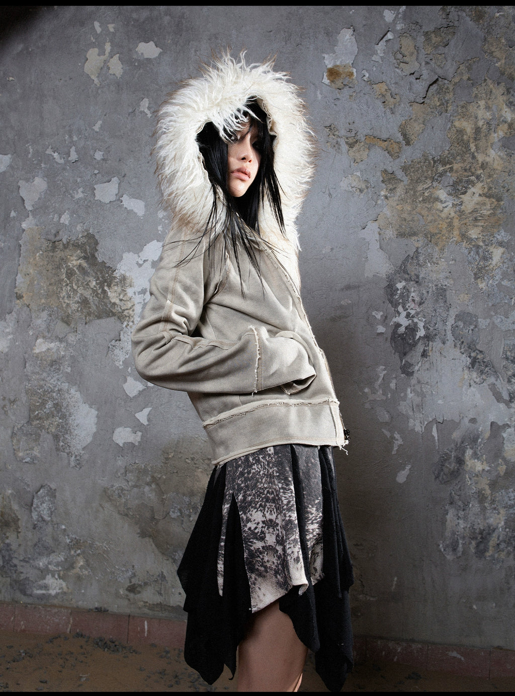 ARIADNAw Fur Collar Loose Mouth Distressed Y2k Cropped Coat