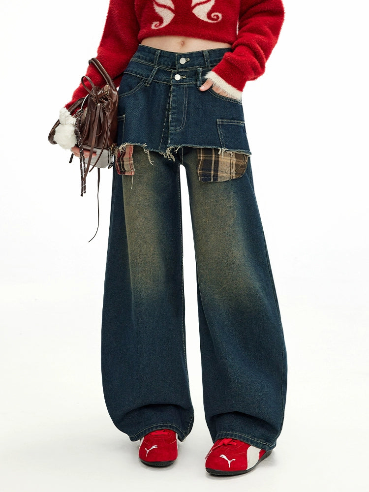 UNIFREE Fake Two-piece Stacked Straight Jeans