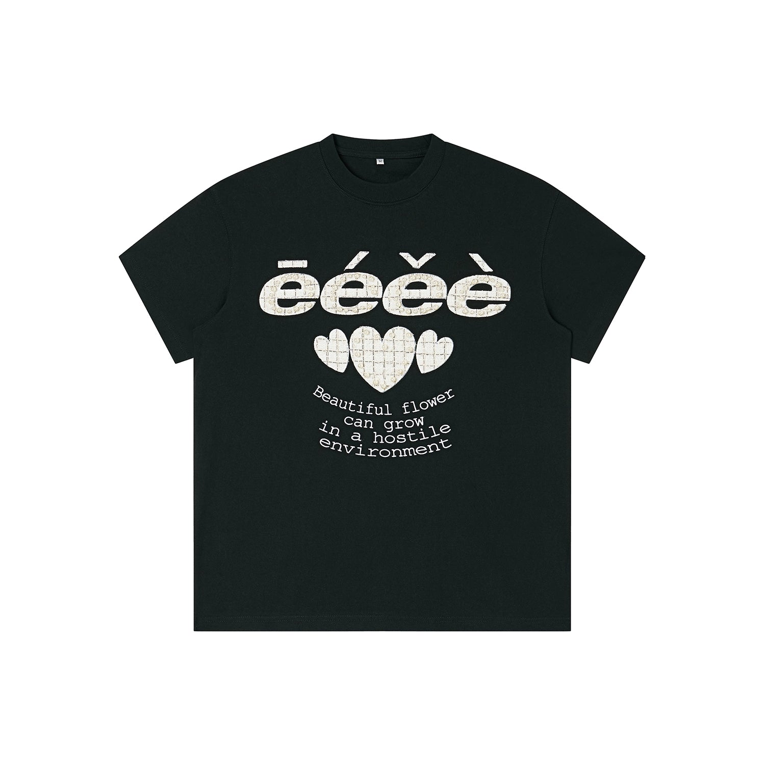 EeeeArtmonster Love Patch Pearl Beads Letter Tee