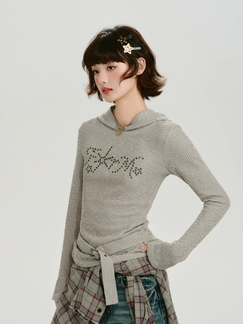 Girlyhalo Vintage Hot Diamond Strap-Up Hooded Knitted Long Sleeve