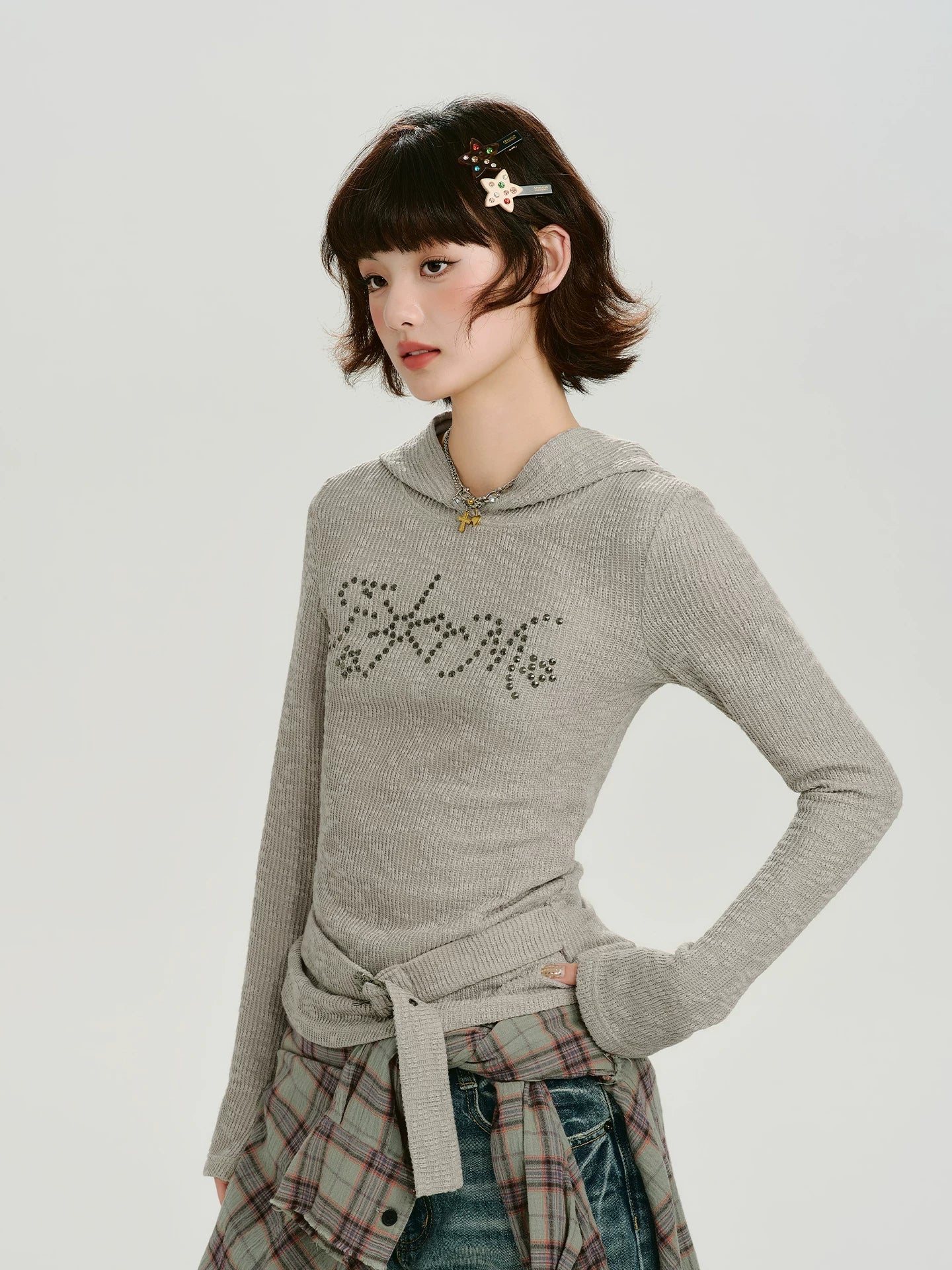 Girlyhalo Vintage Hot Diamond Strap-Up Hooded Knitted Long Sleeve