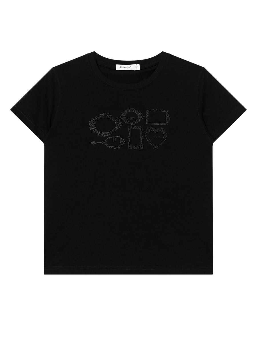 FUNKYFUN Picture Frame Same Color Three-dimensional Embroidery Loose Front Shoulder Tee