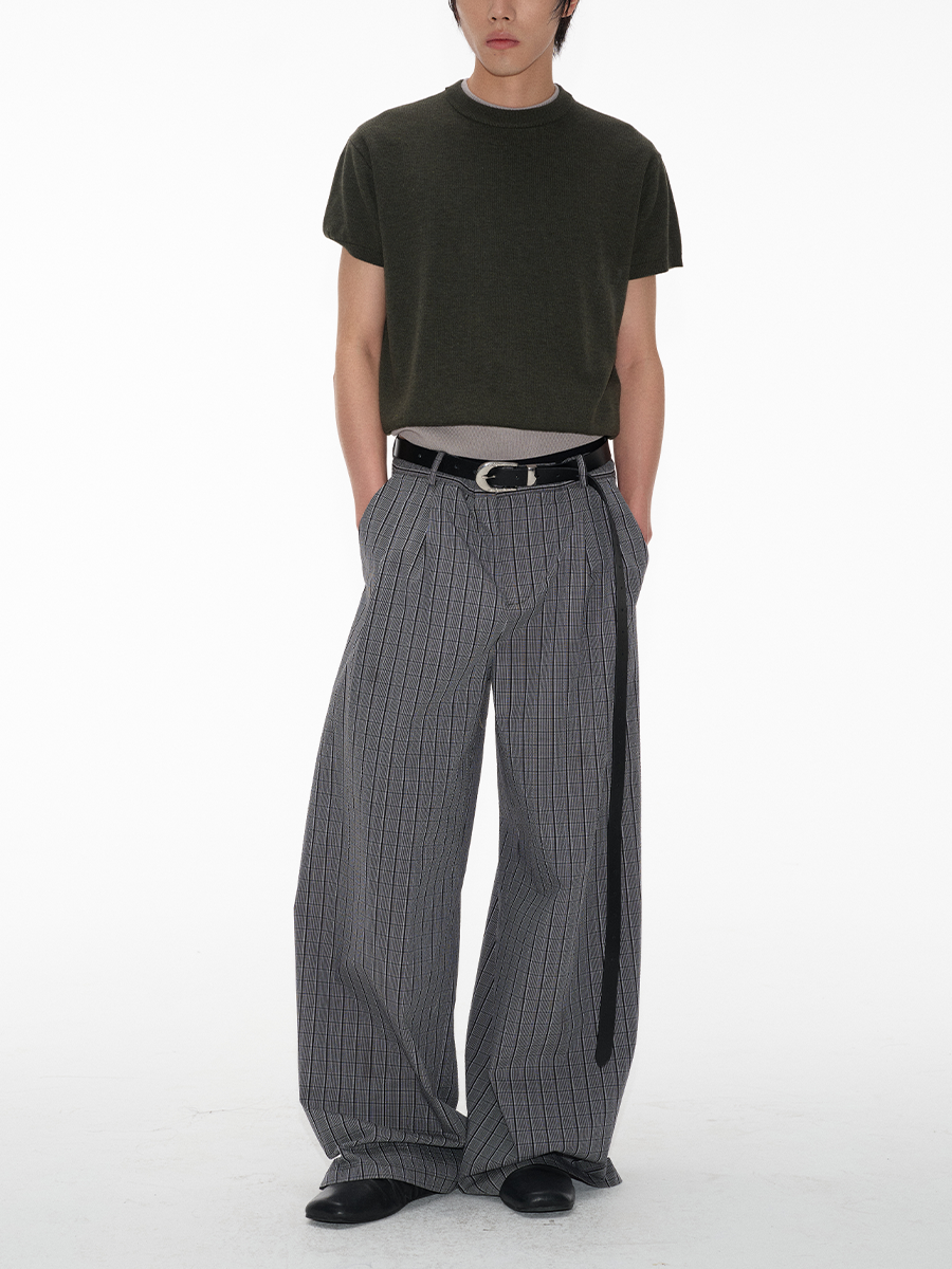 JCAESAR Bubble Plaid Straight Wide-leg Pants