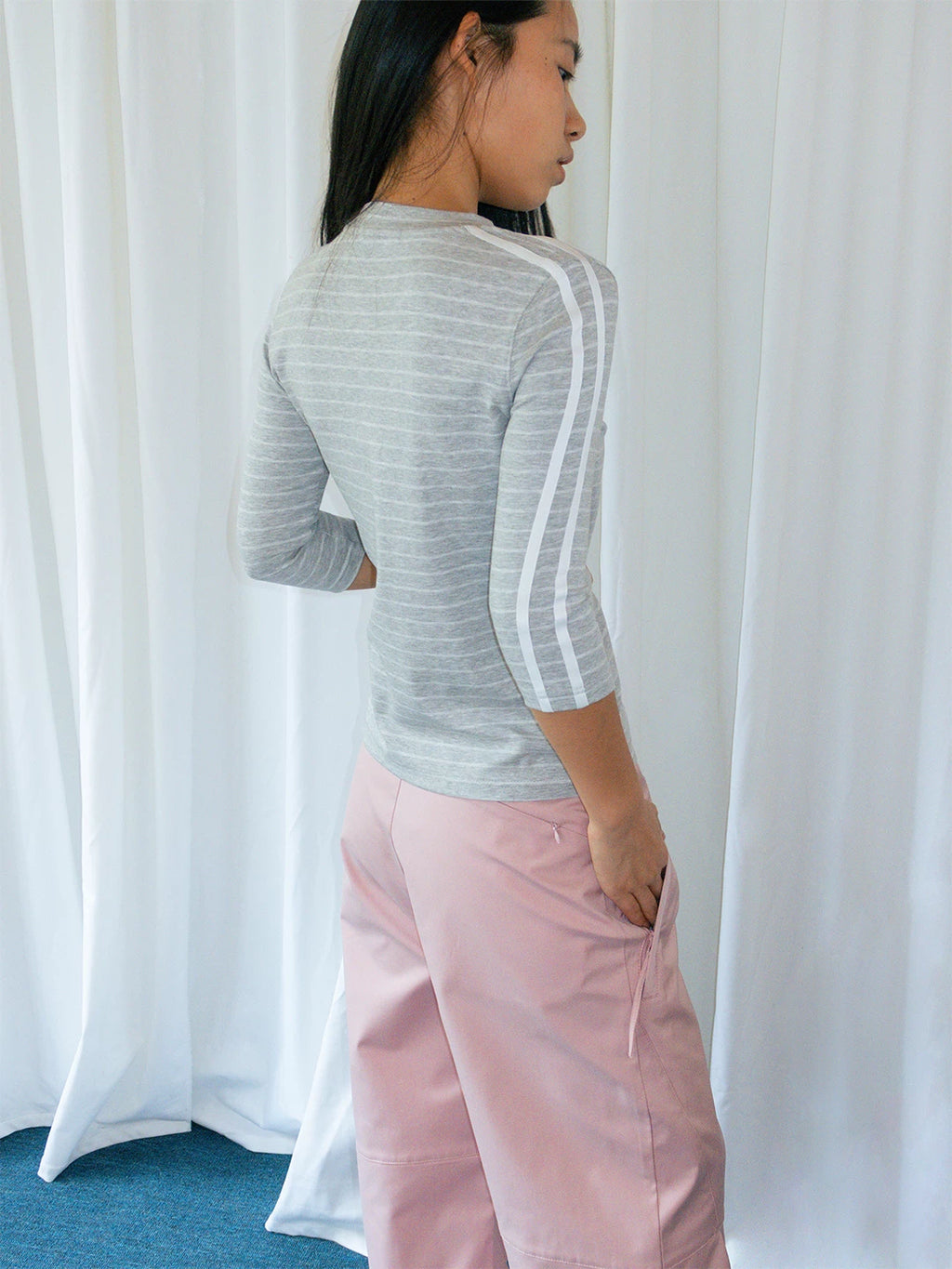 FUNKYFUN Stretch Pinstriped Front Shoulder Tee