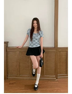 KANO Strap V-neck Contrasting Color Plaid Slim Tee