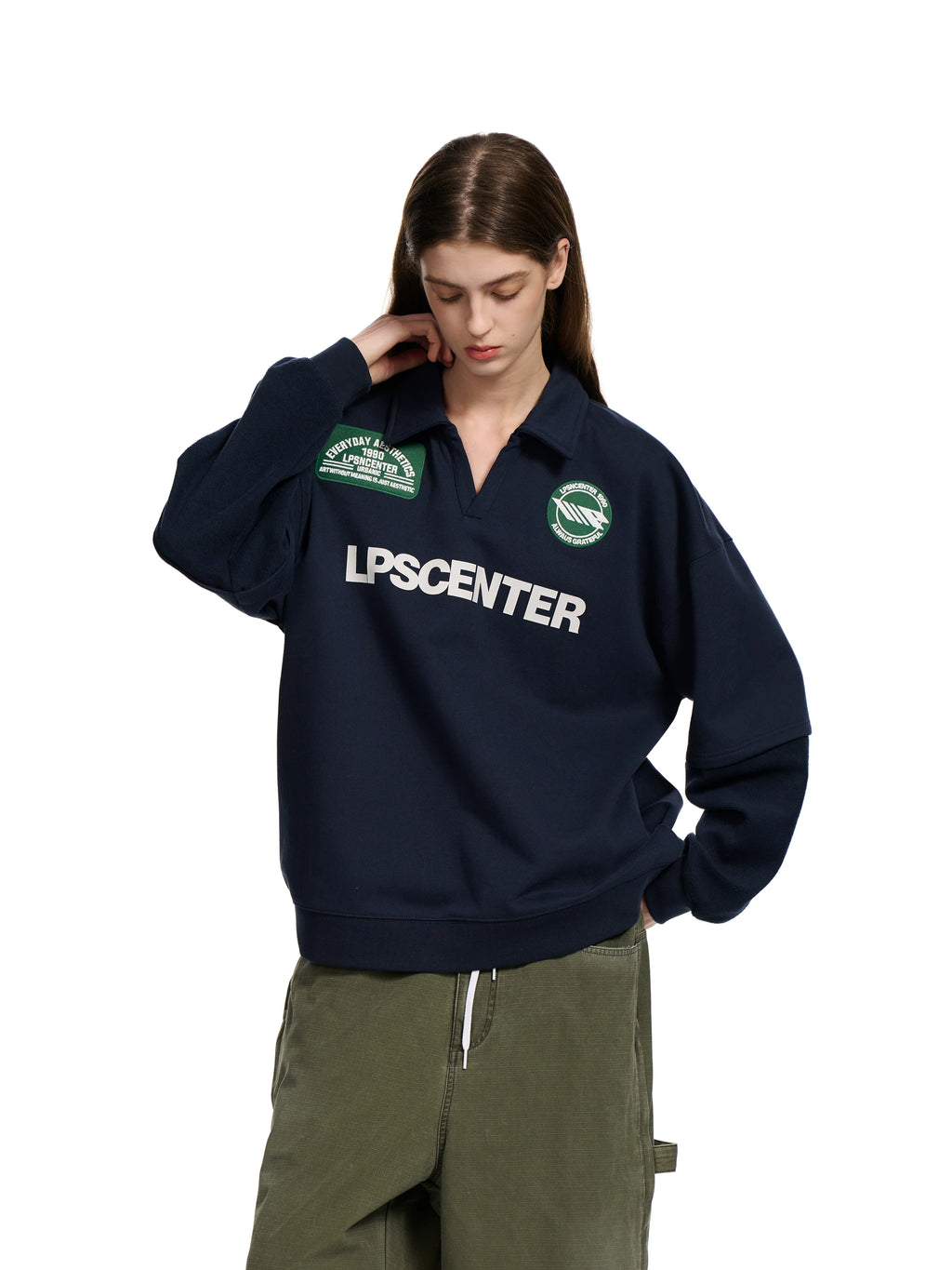 Loopsoon Retro Sporty Polo Collar Sweatshirt with Letter Print