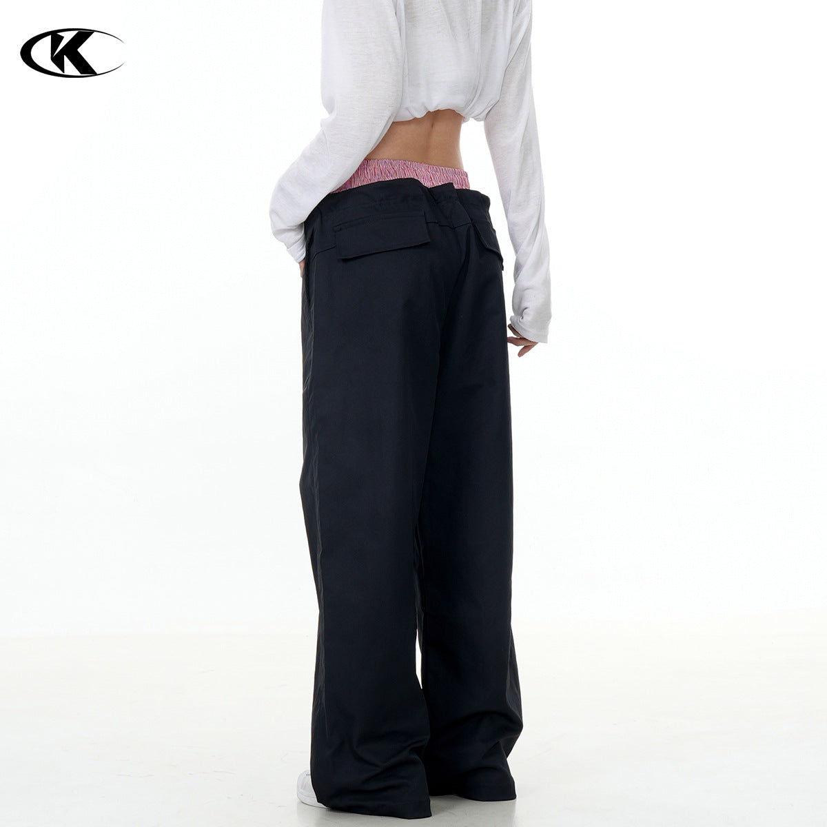 11KN double waist splicing side pocket wide leg straight Pants