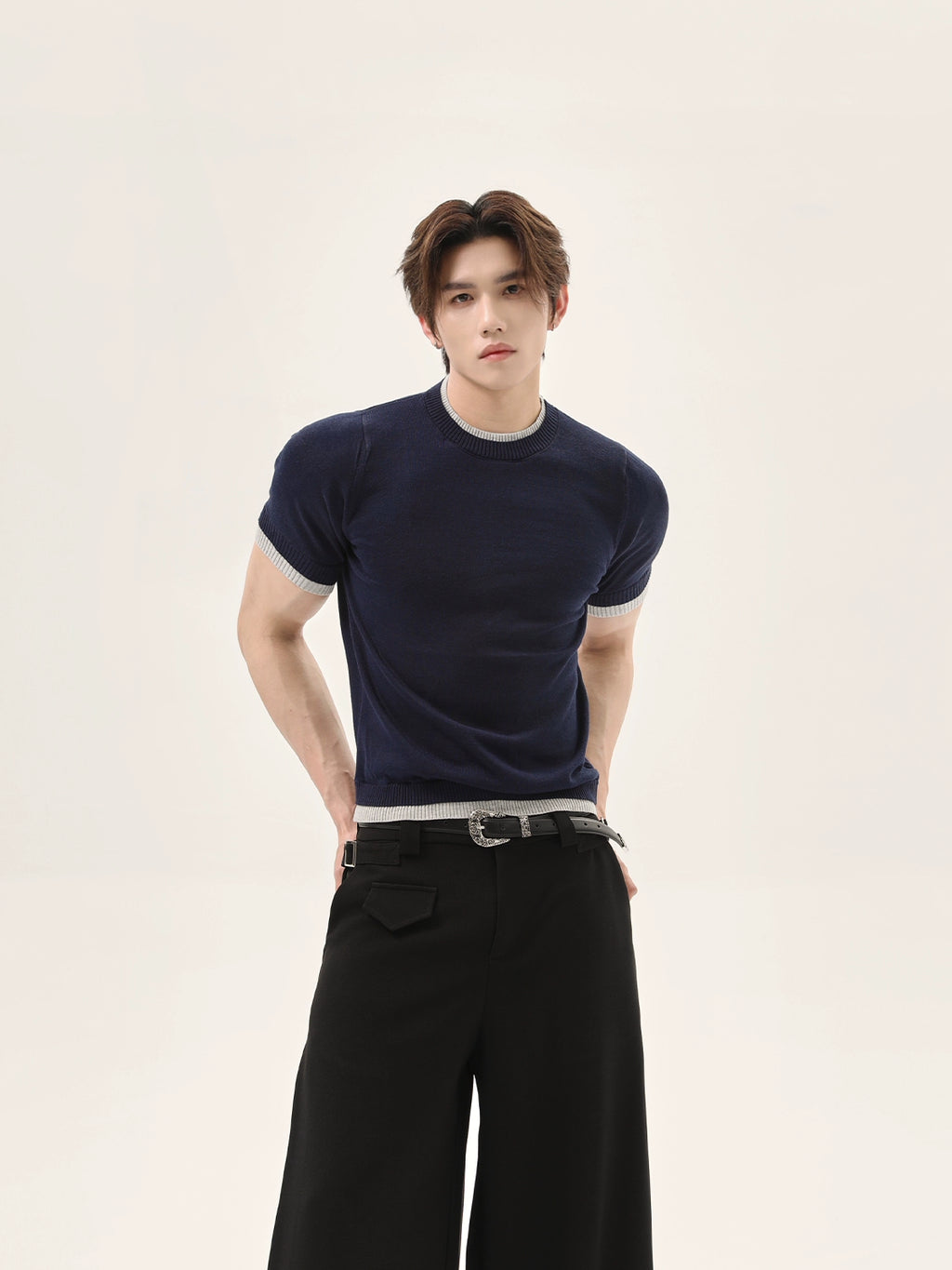 TURNTIDE Fake Two Piece Knitted Slim Tee