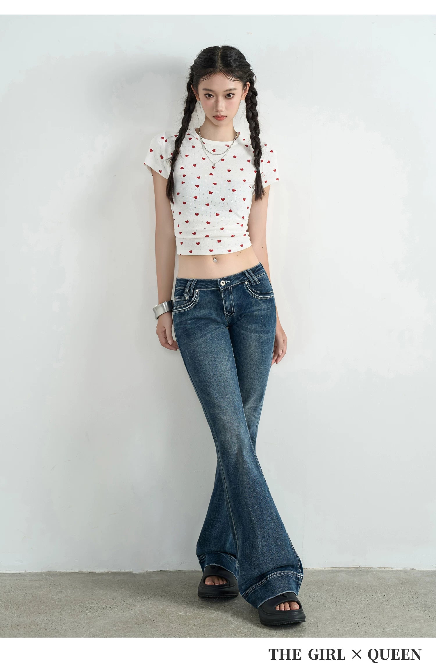 TGXQ Fleece Retro Elastic Ultra-low Waist Micro-pull Jeans