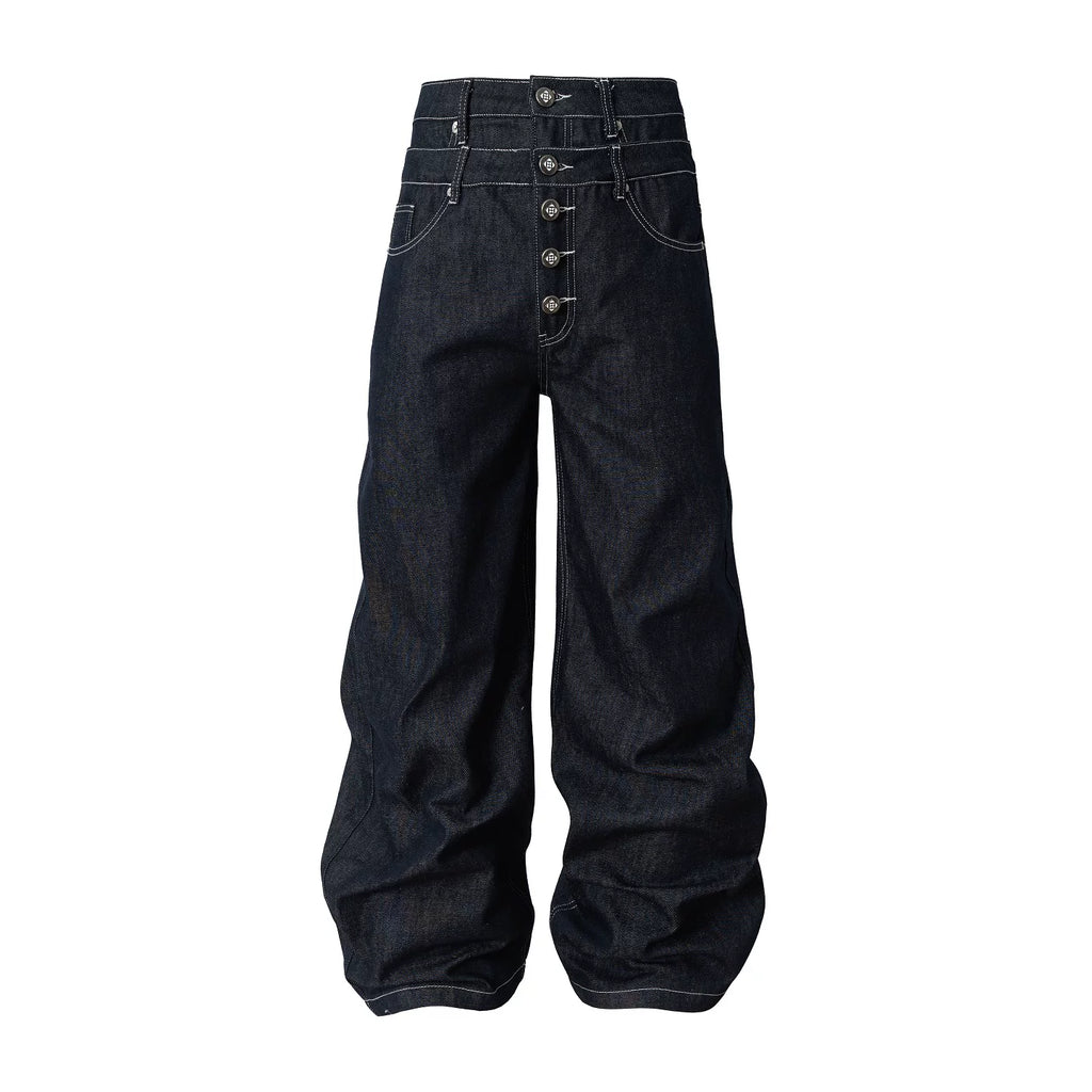 YADcrew Retro Vintage Black Wash Heavy Double Waist Micro Pull Jeans