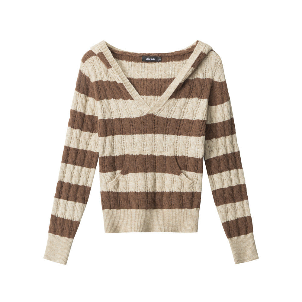 Nariele Striped Hooded V-Neck Long Sleeve Sweater