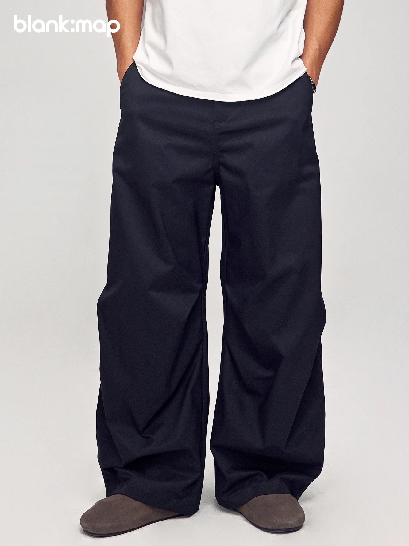 Blank Map Elastic Waist Casual Loose Pleated Wide Leg Pants