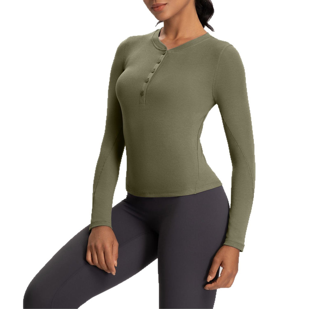 Athena Lulu Button Long Sleeve T-Shirt High Stretch Sports Henley Shirt Top