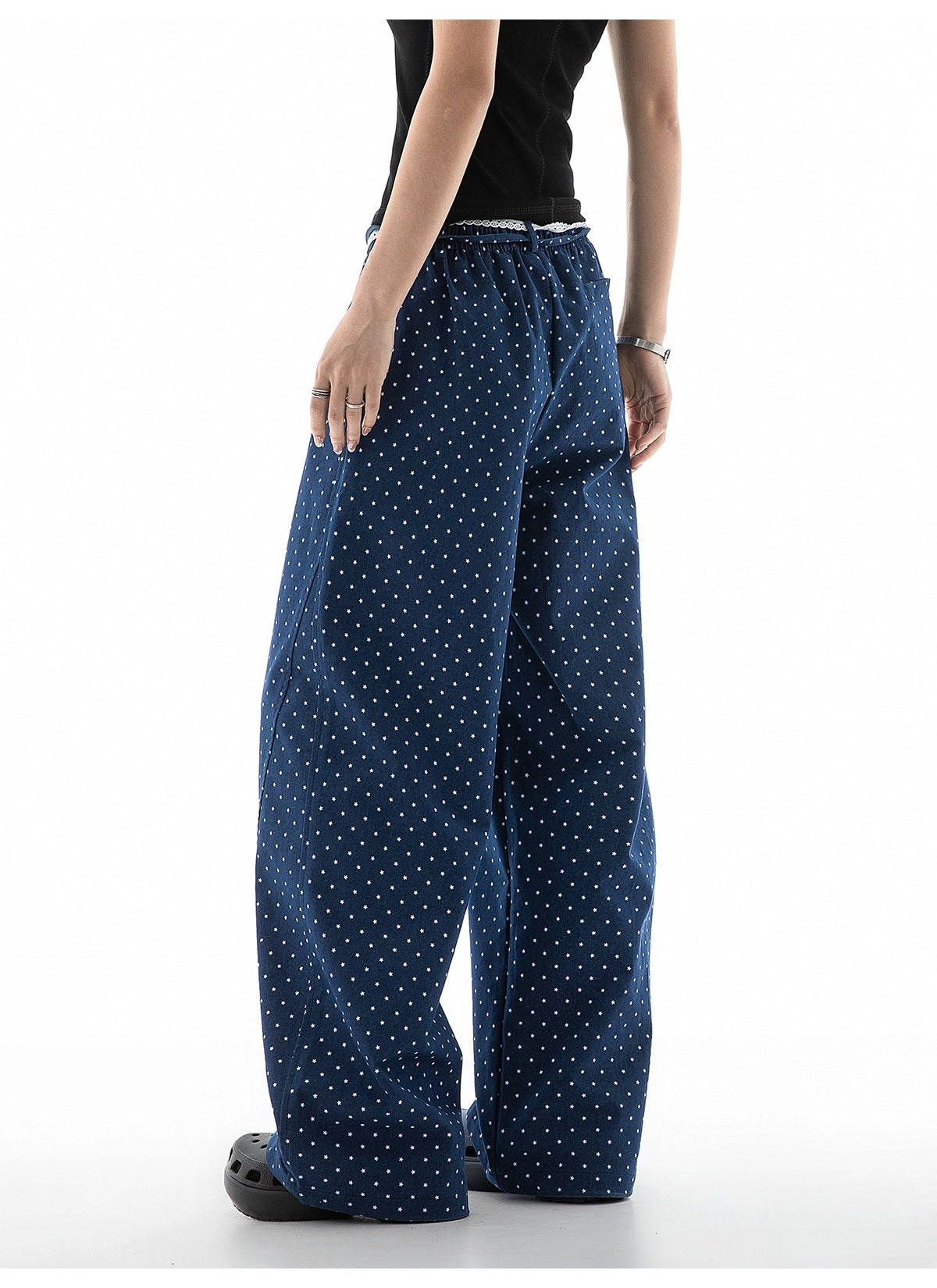 ICH MODE Vintage Star Straight Elastic Waist Wide Leg Pants