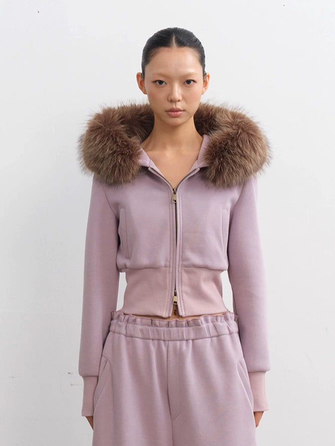 LINY LIBERTY Removable Fur Collar Short Sweater Casual Sweatpants Set