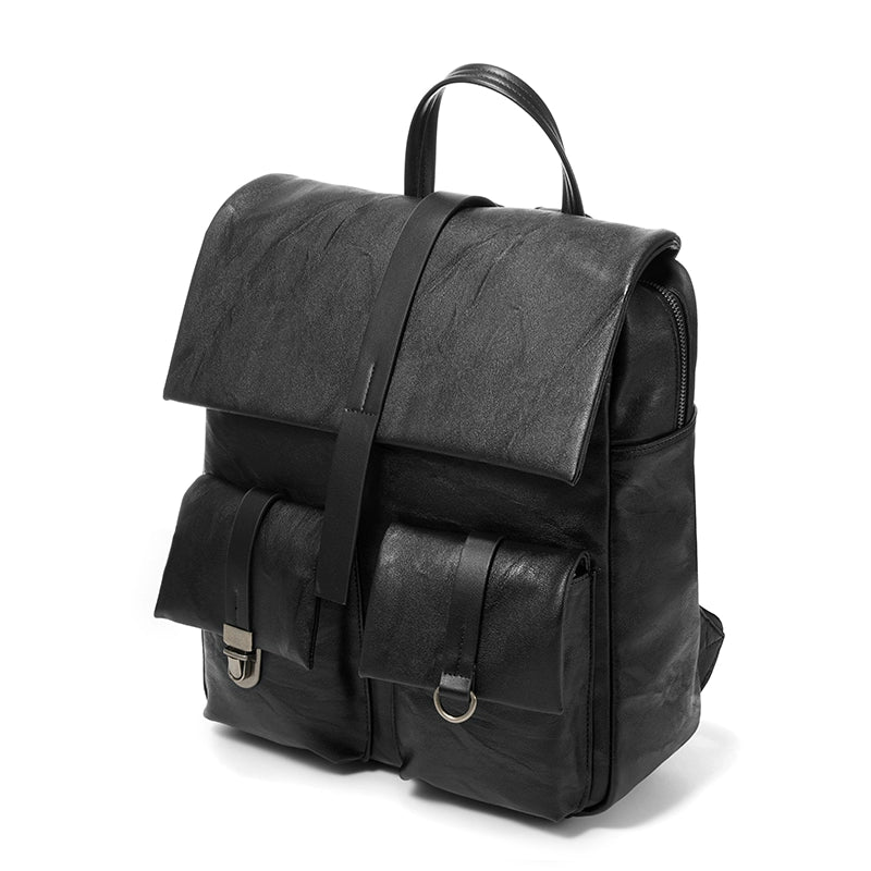 YADAMUI Vintage Pleated Backpack Commuter Leather High-end Large-capacity Schoolbag