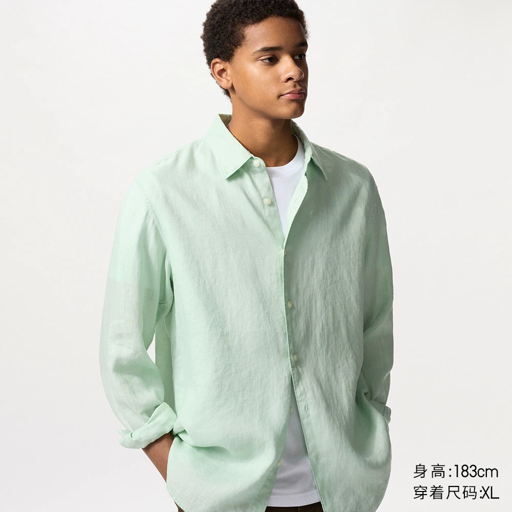 Uniqlo Men's and Women's French Hemp Shirt/Long Sleeve Shirt Linen Casual 25 Spring and Summer New 477641
