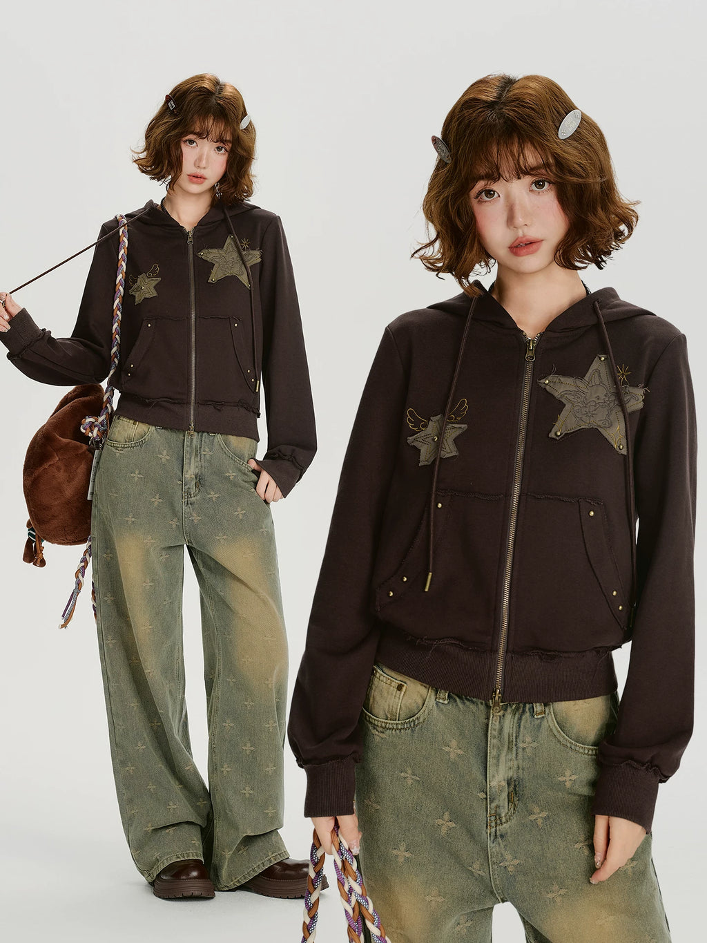 Girlyhalo Vintage Patch Embroidered Hooded Sweater Jacket