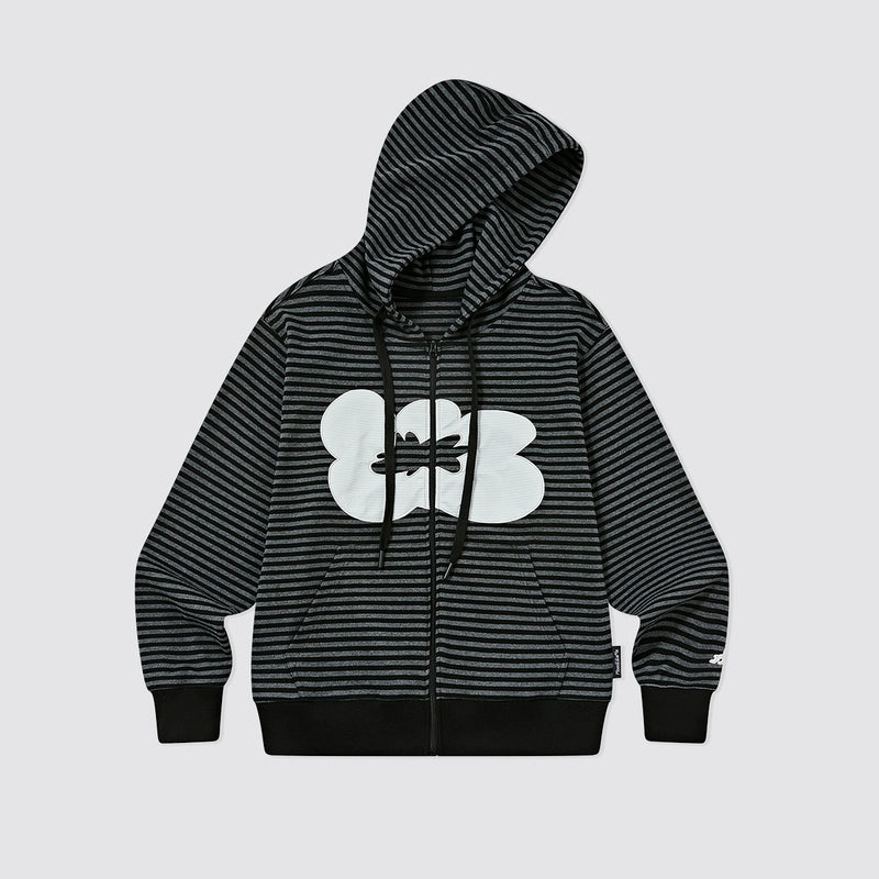 MoodLikeMe Striped Flower Patch Embroidered Hooded Sweater