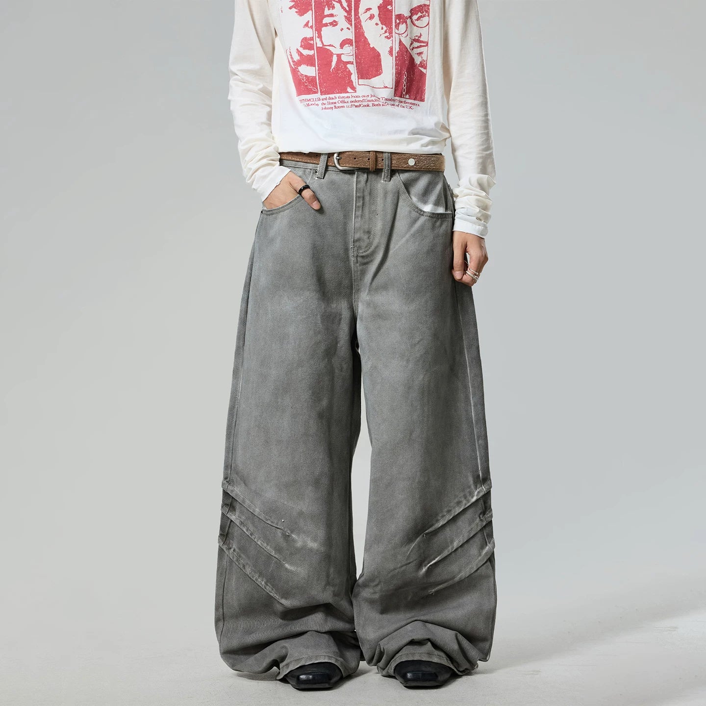 BTSG retro heavy wash scratch baggy loose wide-leg jeans