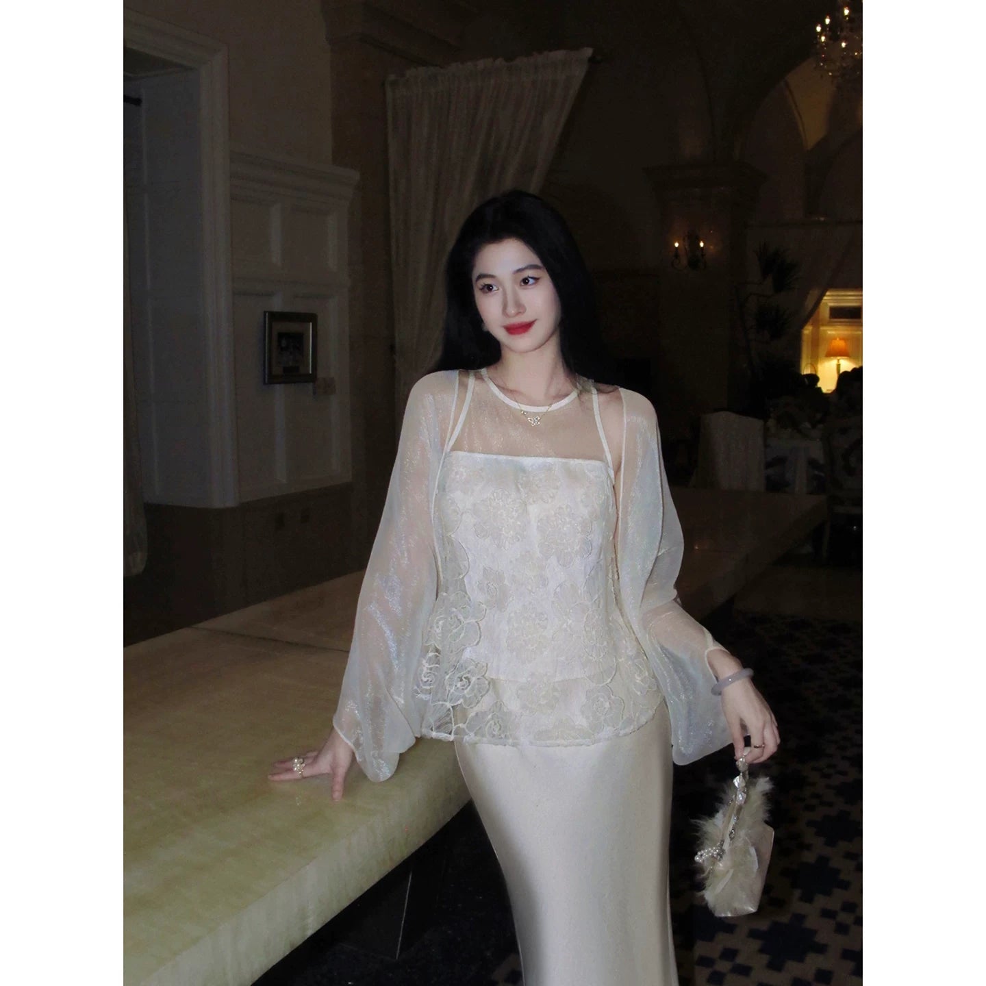 ZIHE Mesh Floral Vest Satin Fishtail Skirt Set