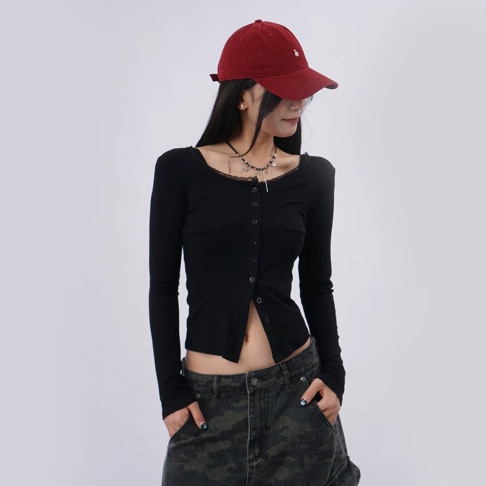 SAMUSAN Lace Stitching Slim Slim Long Sleeves
