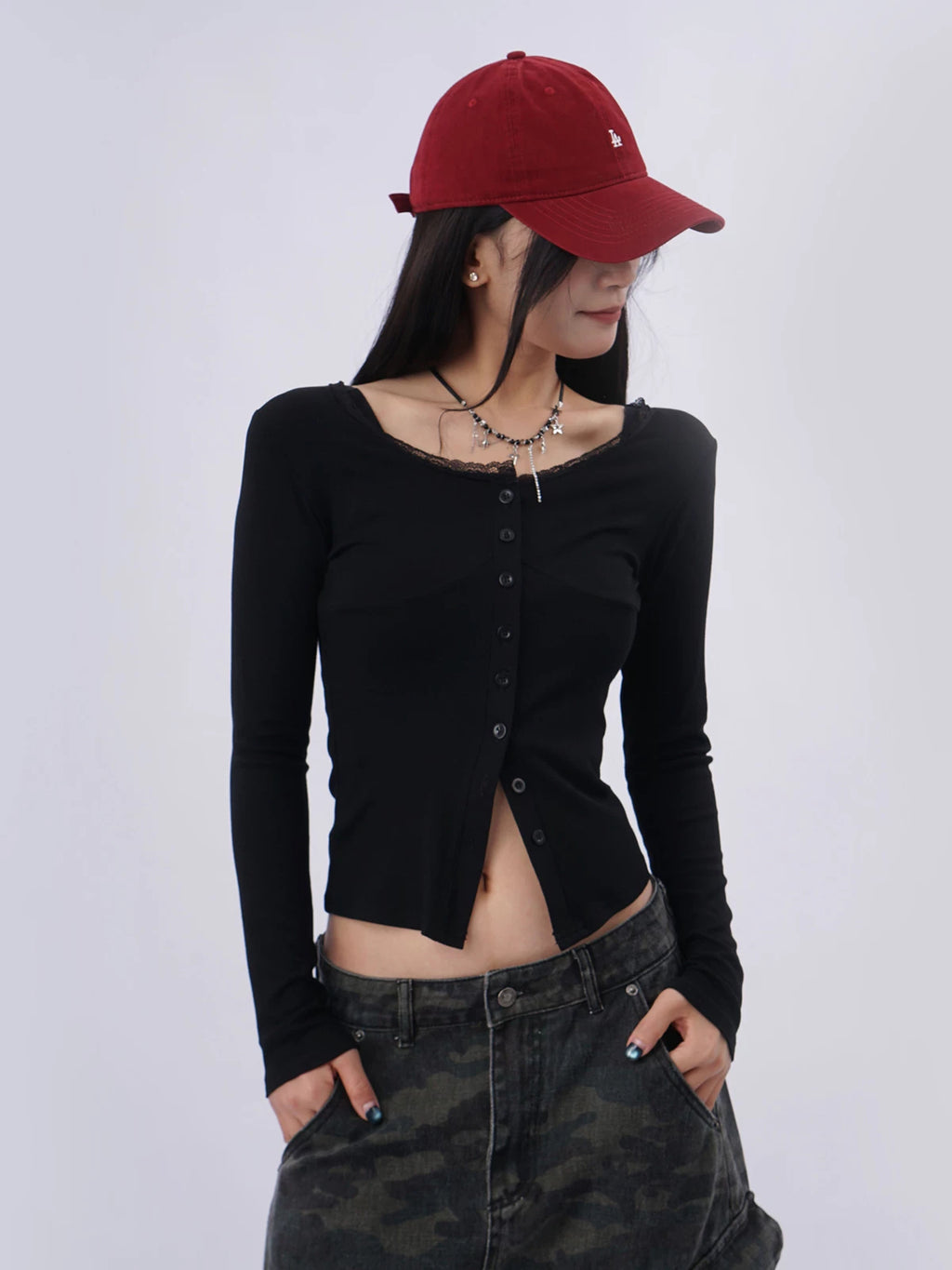 SAMUSAN Lace Stitching Slim Slim Long Sleeves