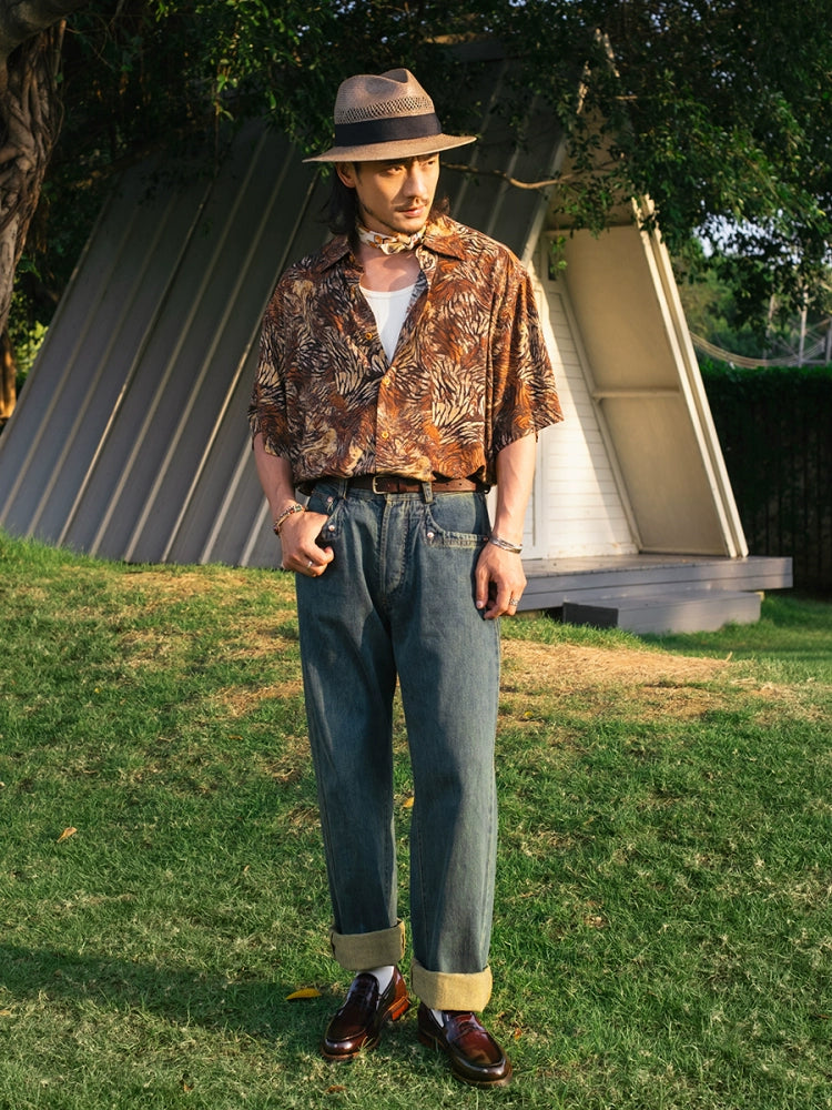 SOARIN Light and Thin Hawaiian Ruffian Handsome Casual Loose Short-sleeved Shirt