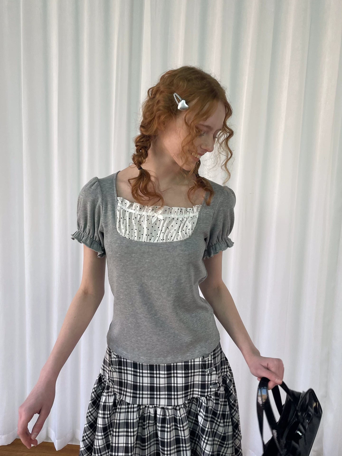Loosesmell Splicing Polka Dot Small Bow Casual Tee