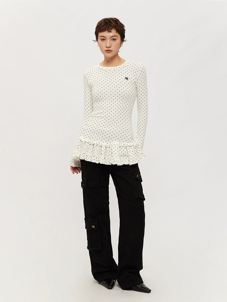 Mershier Polka Dot Full Print One-piece Pleated Skirt Long Sleeve