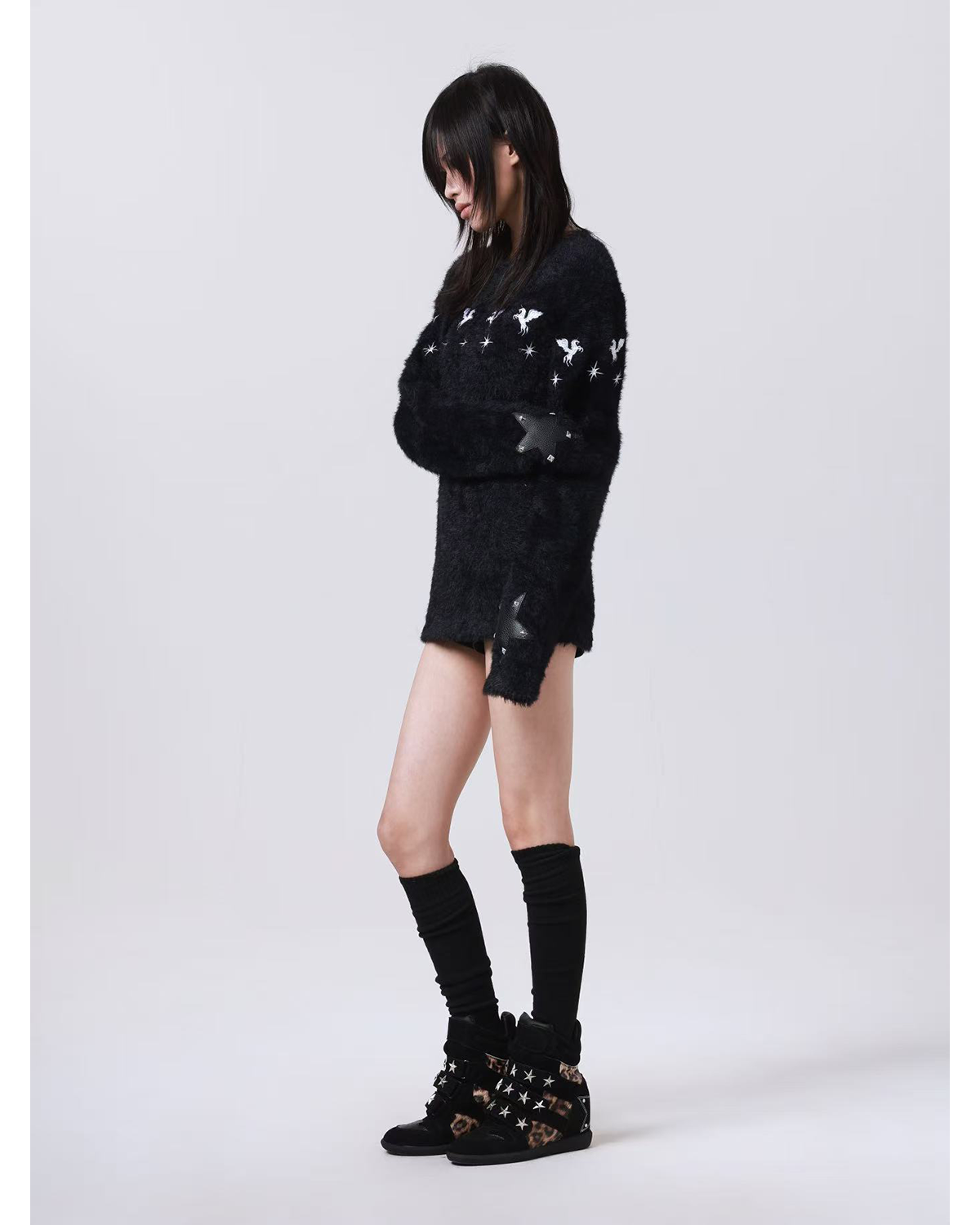 DETW Leopard Print Leather Rivets High-top Thick-soled Heel Shoes