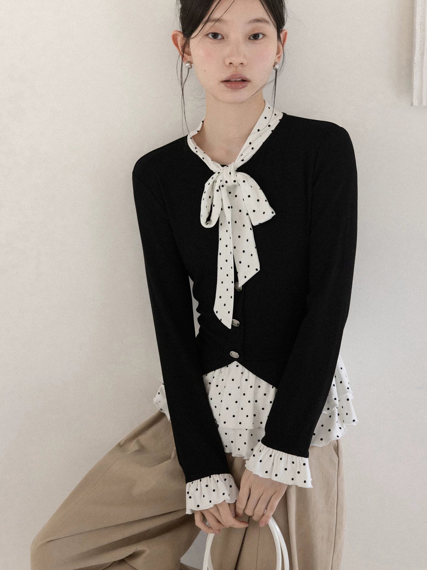 Cantonstory Polka Dot Fake Two Long Sleeves