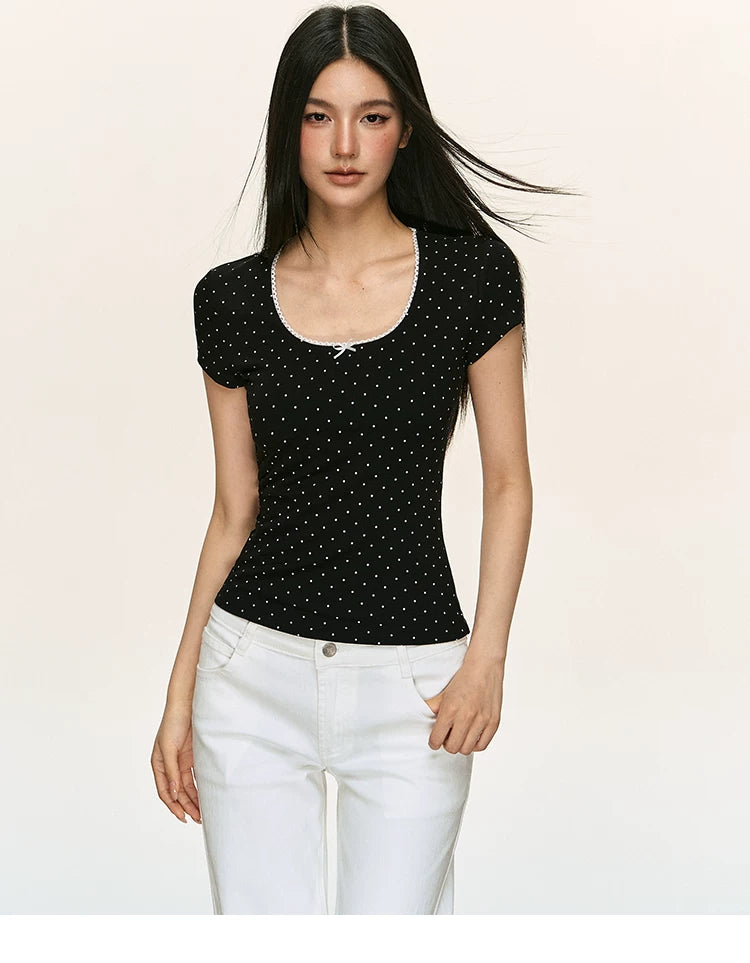 Anna Aneae Polka Dot Lace Edge Square Collar Slim  Tee